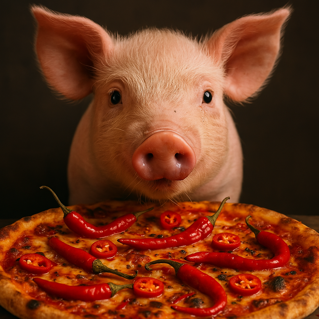 cerdito con pizza muy picante de la promoción de julio 25 de pizzeria alberobello